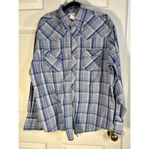 Vintage Wrangler Western Plaid‎ Snap Button Long Sleeve Shirt XL Mens Blue Gray